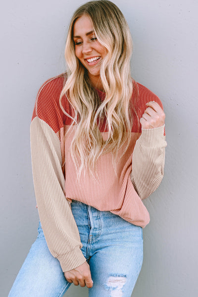 Women's Casual Fiery Red Color Block Long Sleeve Ribbed Top - Comfortable Loose Fit for Effortless Everyday Style