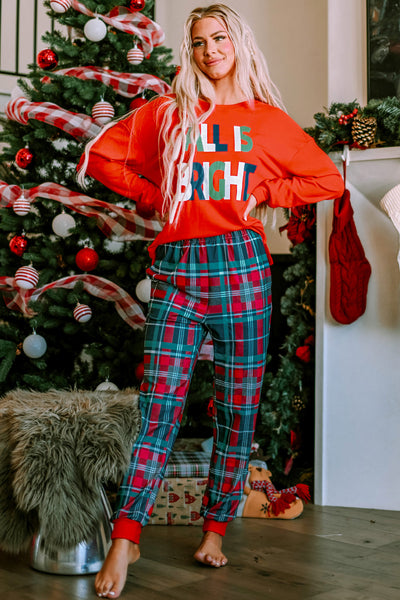 Festive Women's Multicolor Plaid Pajama Set with Graphic Design - Cozy and Comfortable Christmas Sleepwear
