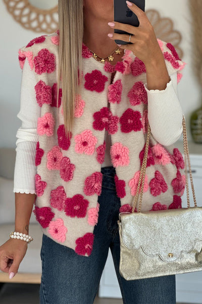 Women Cozy Rose Red Plush Open Front Vest with Floral Embellishments - Chic Layering Essential for Any Occasion