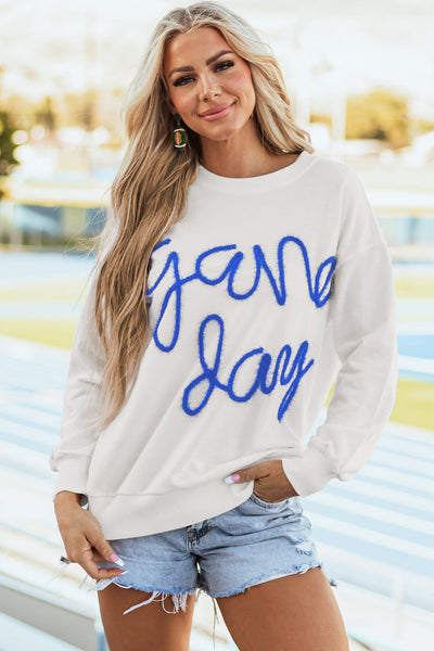 Women's White Graphic Sweatshirt with Drop Shoulders for Stylish Game Day Comfort and Effortless Casual Wear