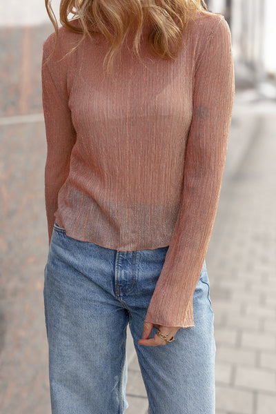 Women's Lightweight Clay Semi-Sheer Long Sleeve Mock Neck Top - Trendy Fall Essential for Effortless Style
