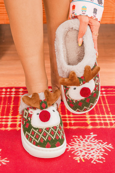 Women's Fern Green Geometric Knit Reindeer Plush Slippers