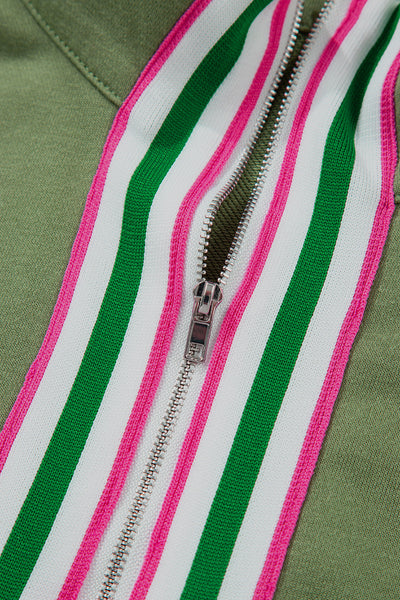 Women's Vineyard Green Contrast Striped Zip Collar Pullover Sweatshirt with Patchwork Design for Cozy Style