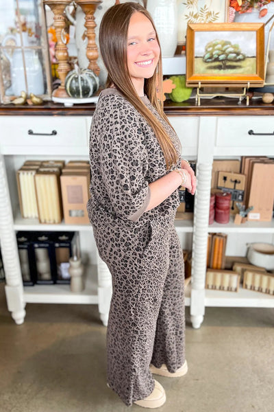 women's stylish khaki leopard print ribbed long sleeve pullover and wide leg pant set comfortable fashion ensemble made for easy styling and wardrobe