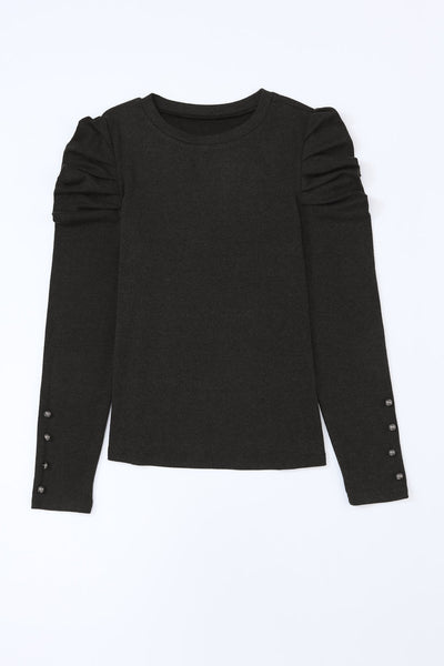 Elegant Black Puff Sleeve Sheath Top for Women with Button Detail - Stylish Fit for Every Occasion