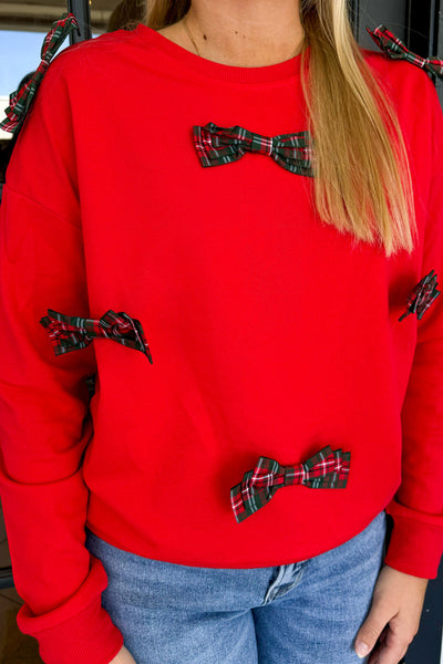 Trendy Plus Size Fiery Red Plaid Sweatshirt with Bow Detail and Drop Shoulder for Fashionable Women
