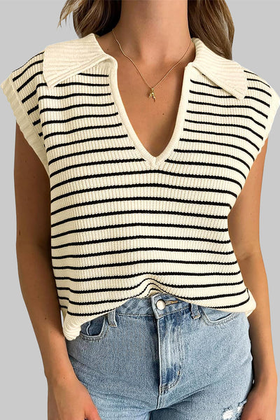 Beige Striped V-Neck Sweater Tank Top for Women Chic Casual Style Perfect for Everyday Comfort