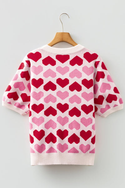Women's Pink Two-Tone Heart Print Women's Crew Neck Sweater - Cute Casual Short Sleeve Top for Valentine's Day Style