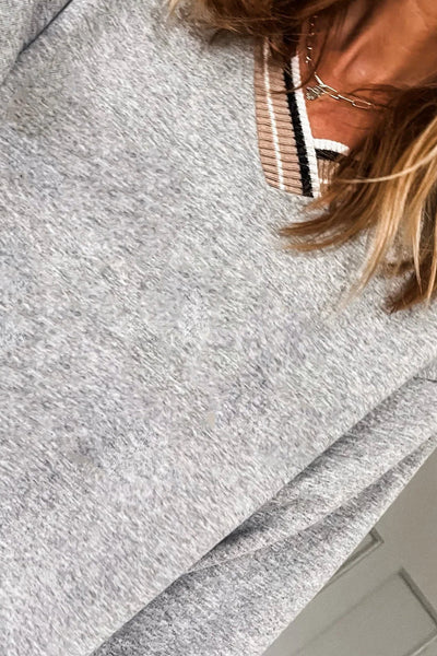 Trendy Women's Gray Varsity V-Neck Sweatshirt with Striped Trim - Stylish and Comfortable for Everyday Casual Wear