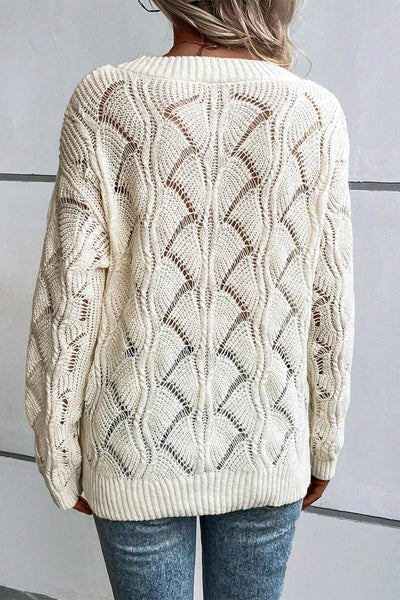 Chic Beige V-Neck Knit Sweater for Women with Drop Shoulders - Stylish Hollow Out Design for Trendy Fall Fashion