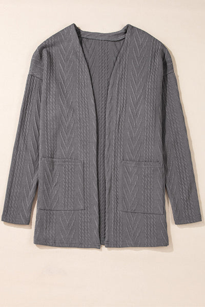 Cozy Women's Medium Grey Textured Open Front Cardigan with Pockets - Perfect for Everyday Style and Comfort