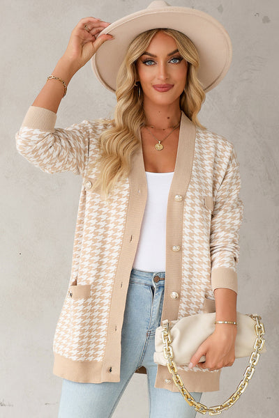 Chic Women's Slim Fit Khaki Cardigan with Contrast Edges, Metal Buttons, and Functional Pockets for Effortless Style