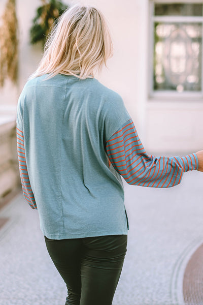 Trendy Women's Green Colorblock Striped Bishop Sleeve Blouse - Stylish Casual Top for Chic Everyday Looks
