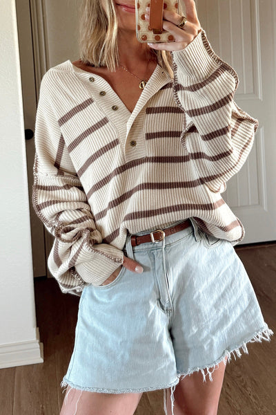 women's loose fit khaki stripe henley sweater with exposed seams and patchwork drop shoulders for effortless style made for easy styling and wardrobe