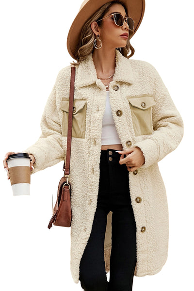 Cozy Women's Beige Teddy Coat with Contrast Flap Pockets, Stylish Single Breasted Outerwear for Cold Weather