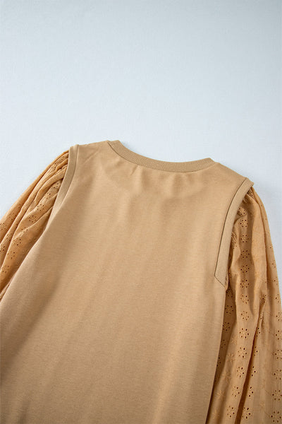 Stylish Women's Pale Khaki Round Neck Sweatshirt with Patchwork Sleeves - Comfortable Casual Top for Everyday Style