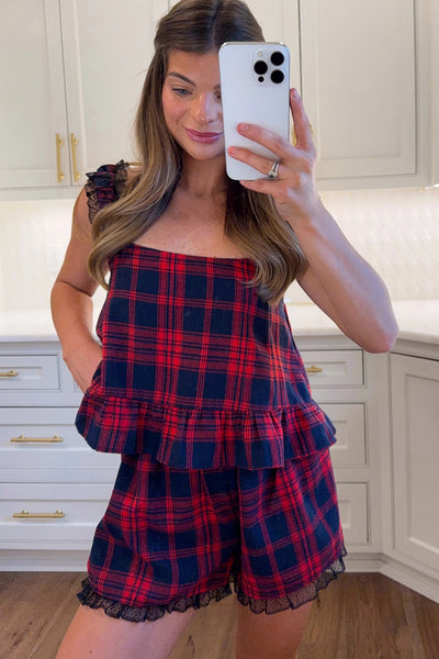 Cozy Women's Red Plaid Lace Trim Flounce Hem Tank Top & Loose Shorts Pajama Set for Relaxed Sleepwear