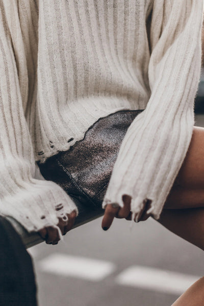 Cozy Women's Slouchy Jet Stream Ribbed Knit Sweater with Distressed Edges for a Casual Chic Look
