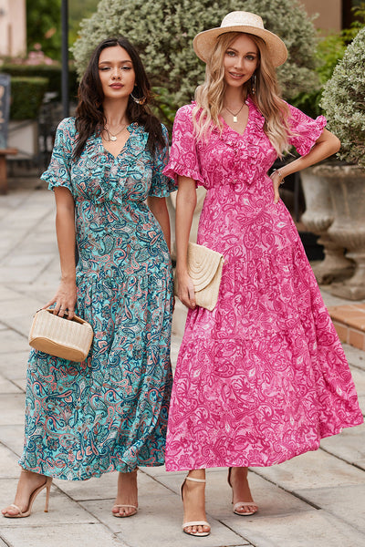 Mid-sleeve V-neck Bohemian Long Dress