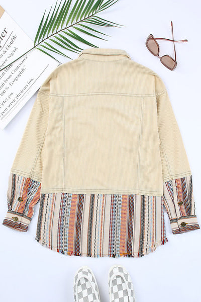 Cozy Women's Color Block Striped Corduroy Jacket with Button-Up Front and Pockets - Perfect Fall Outerwear made for easy styling and wardrobe