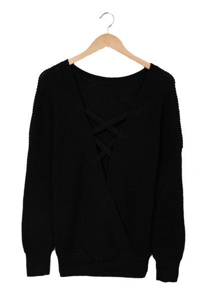 Trendy Women's Black Cross-Back Hollow-Out Sweater - Lightweight Knit Top for Chic Layering and Everyday Comfort