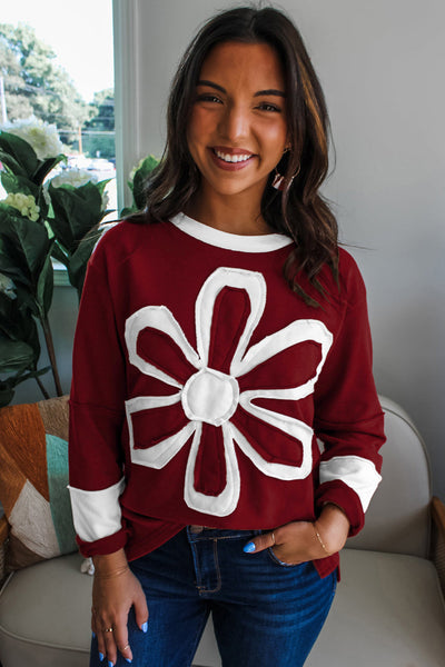 Women's Casual Red Dahlia Long Sleeve Top with Cheerful Daisy Flower Patch - Stylish Round Neck Shirt for Everyday Wear