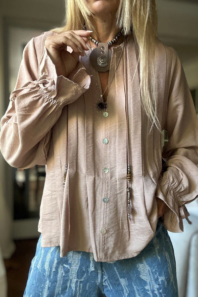 Elegant Women's Parchment Pintuck Blouse with Button Front and Ruffled Sleeves - Relaxed Fit for Effortless Style