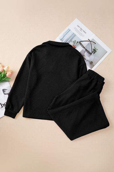 Chic Women's Black Textured V-Neck Collared Top with Wide Leg Pants Set - Stylish, Comfortable Outfit for Casual Outings