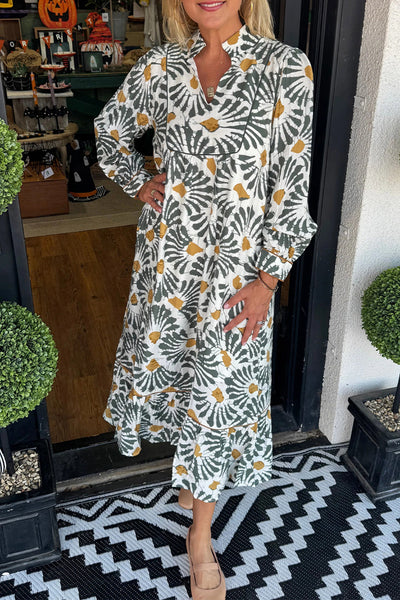 Elegant Women's Gray Abstract Floral Long Sleeve Dress - Versatile V-Neck Style for Casual and Formal Summer Events made for easy styling and wardrobe