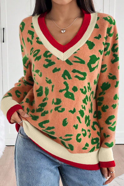 Women's Cozy Orange Leopard Print V-Neck Sweater with Striped Trim - Trendy Knit Top for Stylish Fall Fashion