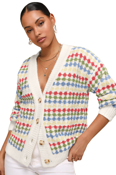 Women's Cozy White Polka Dot Knit Cardigan Sweater with Button Front & V-Neck - Casual Chic for All Seasons