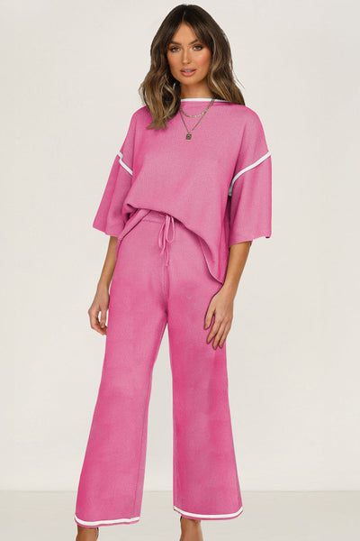 Women's Bright Pink Textured Knit Sweater and Wide-Leg Pant Set
