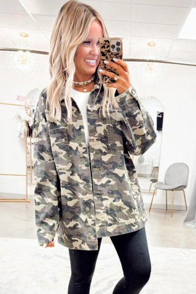 Stylish Women's Green Camo Loose Fit Jean Jacket with Chest Pockets for Effortless Casual Comfort made for easy styling and wardrobe coordination,