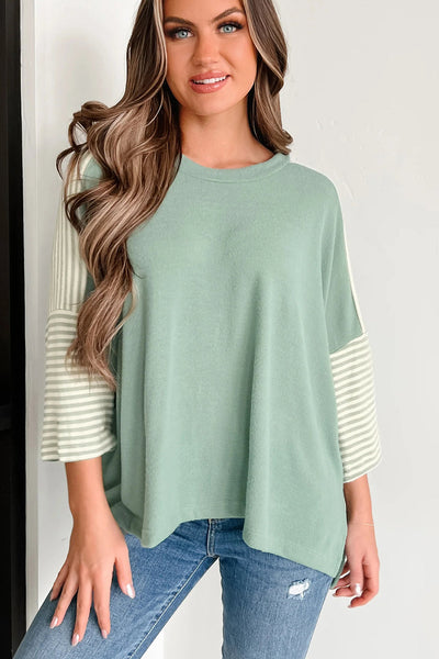 Women's Casual Aqua Striped Oversized Tee with Bracelet Sleeves & Stylish Patchwork Design for Effortless Everyday Wear