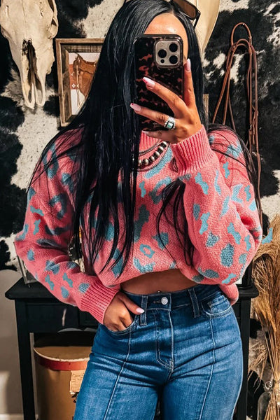 Trendy Women's Pink Leopard Print Drop Shoulder Sweater for Casual Comfort and Everyday Style