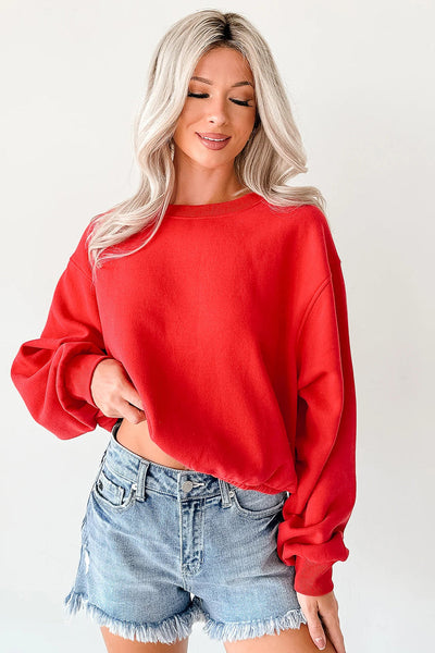 chic women's fiery red cropped sweatshirt with drop shoulders and elastic hem for effortless casual style made for easy styling and wardrobe with