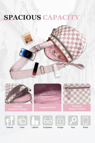 Women's Pink Checkered Waterproof Nylon Crossbody Sling Bag