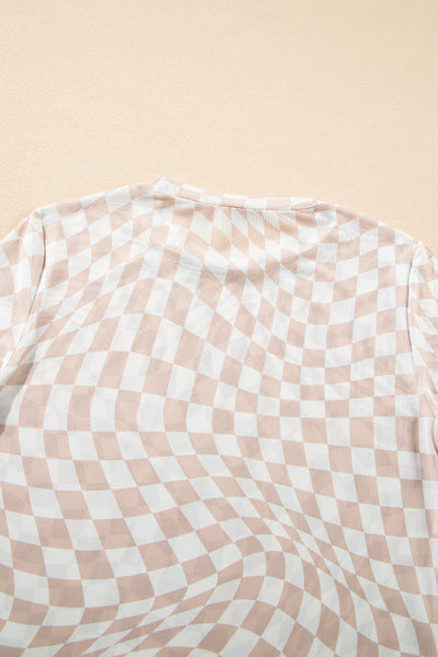 Chic Women's Khaki Checkered Long Sleeve Mock Neck Top - Stylish & Comfortable for Everyday Casual Wear
