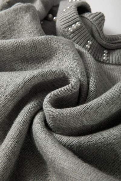 Light Grey Pearled Drop Shoulder Sweater for Women - Cozy Round Neck Knit Top for Chic Casual Style and Comfort