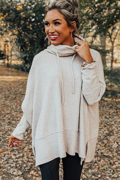Women's Casual Light Grey Oversized Knit Cowl Neck Top with Drawstring and Side Slits for Ultimate Comfort