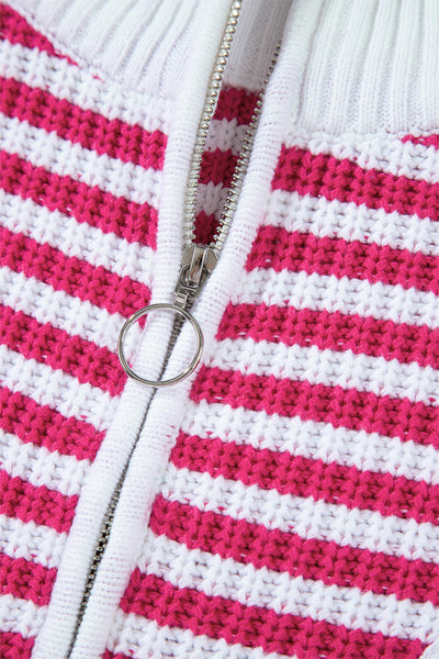 Women's Casual Chic Pink Stripe Zip-Up Sweater with Drop Shoulder Design for Effortless Style and Comfort made for easy styling and wardrobe