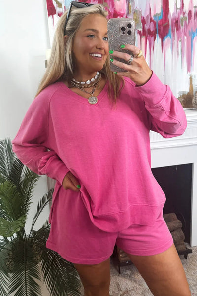 Women's Strawberry Pink V-Neck Long Sleeve Pullover & Loose Shorts Lounge Set for Cozy Comfort and Chic Style