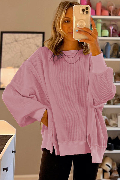 Chic Women's Pink Oversized Waffle Knit Top with Bishop Sleeves & Side Split for Effortless Casual Style