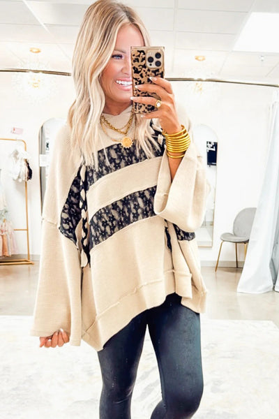 Cozy Women's Beige Floral Lace Sweatshirt with Waffle Texture and Exposed Seams - Casual Chic Style