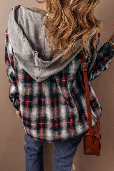 Women's Casual Red Plaid Hooded Shacket with Chest Pocket - Trendy Layering Jacket for Fall Fashion