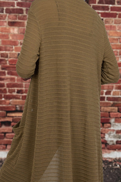 Chic Women's Camel Striped Knit Duster Cardigan with Double Pockets - Effortless Open Front Layer for Stylish Comfort