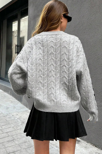 Cozy Light Grey Cable Knit Sweater for Women with Drop Shoulders & Contrast Details - Perfect Chic Fall Fashion