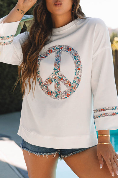 Women's Jet Stream Floral Peace Sign Graphic Tee with Drop Shoulder, Wide Sleeves, and Casual Fit for Everyday Wear made for easy styling and wardrobe