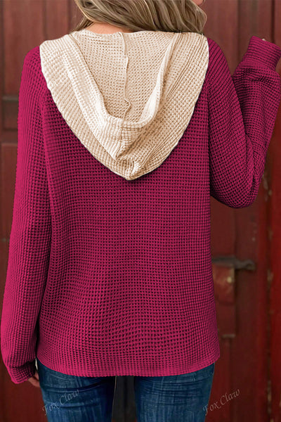 Cozy Women's Red Dahlia Waffle Knit Hooded Pullover with Half Button - Versatile Casual Top for All Seasons