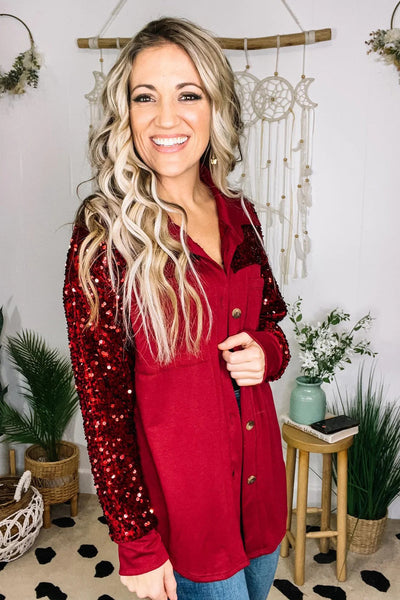 Trendy Women's Racing Red Sequin Patchwork Shacket with Double Chest Pockets Stylish Layering Essential